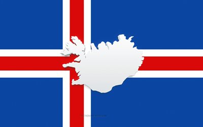 Silhouette de carte d&#39;Islande, drapeau d&#39;Islande, silhouette sur le drapeau, Islande, silhouette de carte d&#39;Islande 3d, carte 3d d&#39;Islande