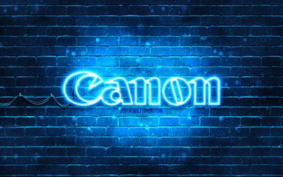 Logo bleu Canon, 4k, mur de briques bleu, logo Canon, marques, logo n&#233;on Canon, Canon