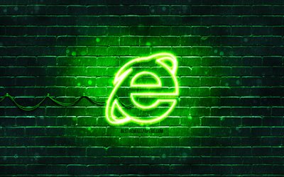 Internet Explorerin vihre&#228; logo, 4k, vihre&#228; tiilisein&#228;, Internet Explorer -logo, tuotemerkit, Internet Explorerin neonlogo, Internet Explorer
