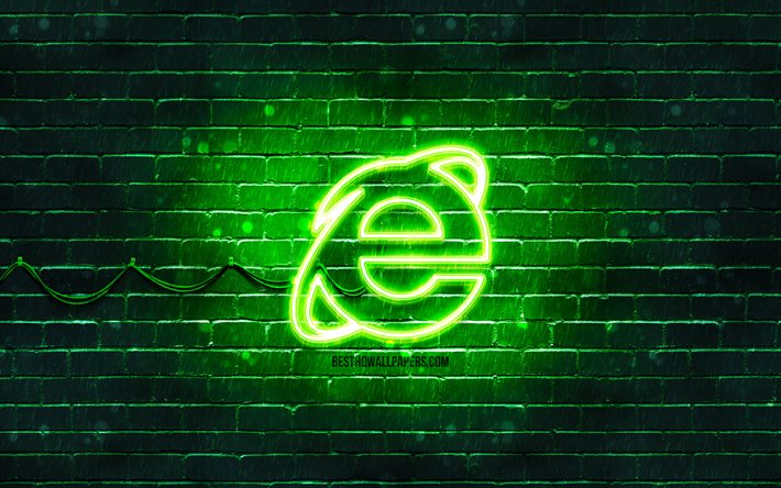 InternetExplorerの緑色のロゴ, 4k, 緑のレンガの壁, Internet Explorer, お, InternetExplorerのネオンロゴ