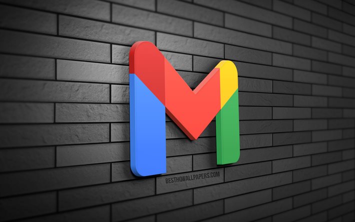 Logo Gmail 3D, 4K, muro di mattoni grigio, creativit&#224;, servizi postali, logo Gmail, arte 3D, Gmail