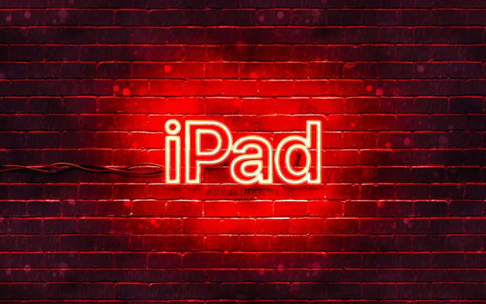 Logo rouge IPad, 4k, mur de briques rouges, logo IPad, Apple iPad, marques, logo n&#233;on IPad, IPad