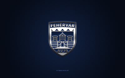 Fehervar AV19, club di hockey ungherese, EIHL, logo blu, sfondo blu in fibra di carbonio, Elite Ice Hockey League, hockey, Ungheria, logo Fehervar AV19
