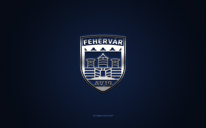 Fehervar AV19, clube de h&#243;quei h&#250;ngaro, EIHL, logotipo azul, fundo de fibra de carbono azul, Elite Ice Hockey League, h&#243;quei, Hungria, logotipo Fehervar AV19