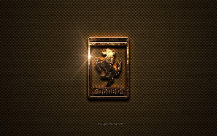 Ferrari golden logo, artwork, brown metal background, Ferrari emblem, creative, Ferrari logo, brands, Ferrari