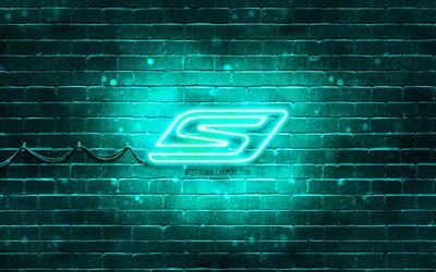Skechers turquoise logo, 4k, turquoise brickwall, Skechers logo, brands, Skechers neon logo, Skechers