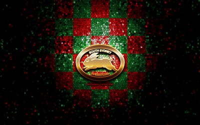 South Sydney Rabbitohs, logo glitterato, NRL, sfondo a scacchi verde rosso, rugby, club di rugby australiano, logo South Sydney Rabbitohs, arte del mosaico, National Rugby League