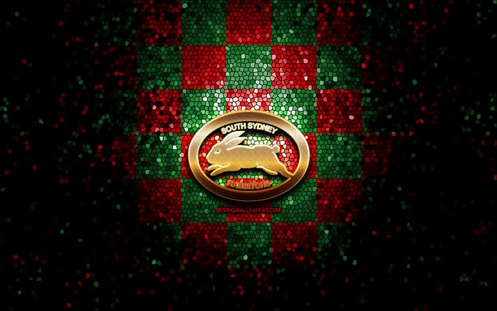 South Sydney Rabbitohs, logo paillet&#233;, NRL, fond quadrill&#233; vert rouge, rugby, club de rugby australien, logo South Sydney Rabbitohs, art de la mosa&#239;que, Ligue nationale de rugby