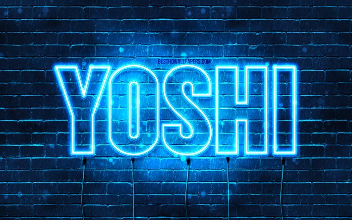 Joyeux anniversaire Yoshi, 4k, n&#233;ons bleus, nom Yoshi, cr&#233;atif, joyeux anniversaire Yoshi, anniversaire Yoshi, noms masculins japonais populaires, photo avec le nom Yoshi, Yoshi
