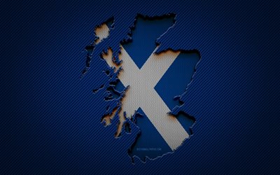 Scotland map, 4k, European countries, Scottish flag, blue carbon background, Scotland map silhouette, Scotland flag, Europe, Scottish map, Scotland, flag of Scotland