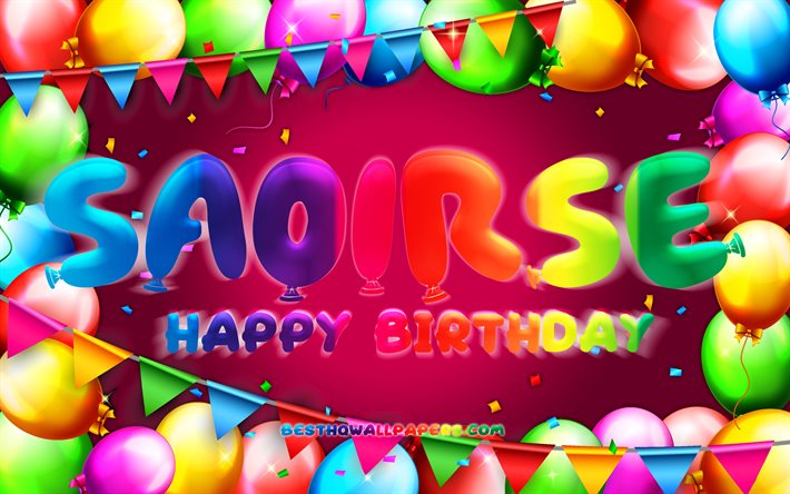 Joyeux anniversaire Saoirse, 4k, cadre de ballon color&#233;, nom Saoirse, fond violet, joyeux anniversaire Saoirse, anniversaire Saoirse, noms f&#233;minins am&#233;ricains populaires, concept d&#39;anniversaire, Saoirse
