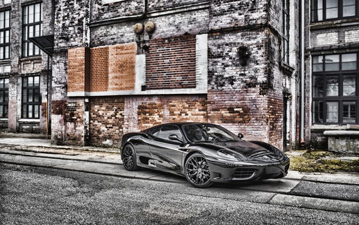 4k, フェラーリ360モデナ, 正面, 外側, 黒のスポーツクーペ, ブラック360モデナ, イタリアのスポーツカー, フェラーリ