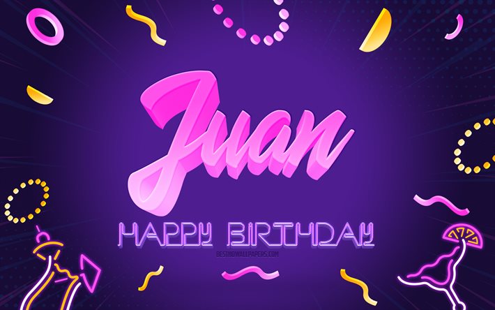 誕生日おめでとう, 4k, 紫のパーティーの背景, フアン, クリエイティブアート, フアンお誕生日おめでとう, フアン名, フアンの誕生日, 誕生日パーティーの背景