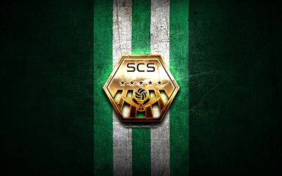 Sagamihara FC, golden logo, J2 League, green metal background, football, japanese football club, SC Sagamihara logo, SC Sagamihara