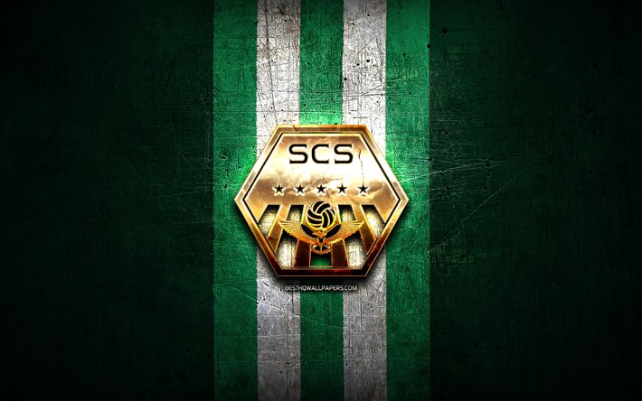 Sagamihara FC, altın logo, J2 Ligi, yeşil metal arka plan, futbol, Japon Futbol Kul&#252;b&#252;, SC Sagamihara logo, SC Sagamihara