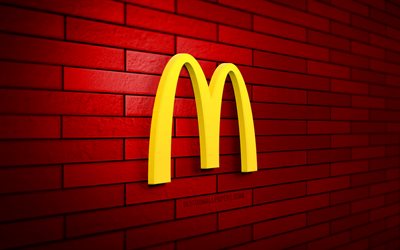Logo McDonalds 3D, 4K, muro di mattoni rossi, creativo, marchi, logo McDonalds, arte 3D, McDonalds