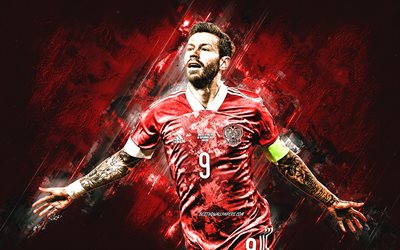 Fedor Smolov, Russian national football team, Russian football player, red stone background, Russia, grunge art