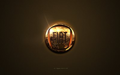 Logo Fiat dorato, opere d&#39;arte, sfondo marrone in metallo, emblema Fiat, creativo, logo Fiat, marchi, Fiat