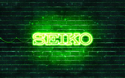 Seiko green logo, 4k, green brickwall, Seiko logo, brands, Seiko neon logo, Seiko