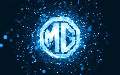 MG blue logo, 4k, blue neon lights, creative, blue abstract background, MG logo, cars brands, MG