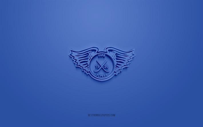Fife Flyers, yaratıcı 3D logo, mavi arka plan, Elit Buz Hokeyi Ligi, İngiliz Hokey Kul&#252;b&#252;, Kirkcaldy, Birleşik Krallık, İngiliz Elit Ligi, Hokey, Fife Flyers 3d logo
