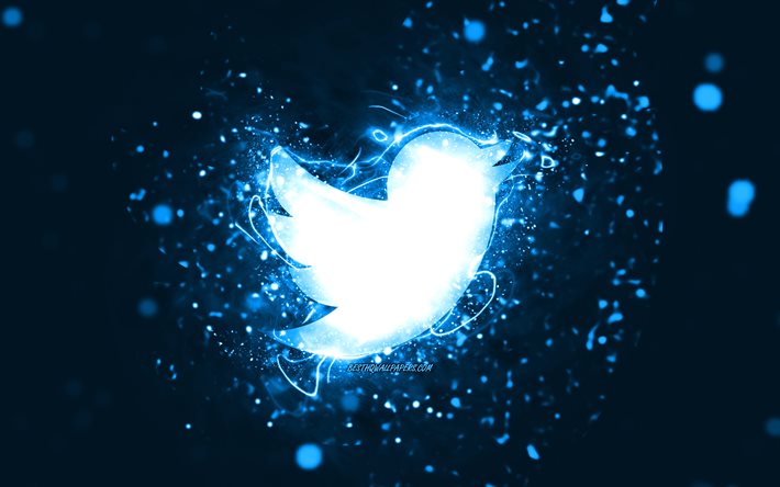 Twitter logo blu, 4k, luci al neon blu, creativo, sfondo astratto blu, logo Twitter, social network, Twitter