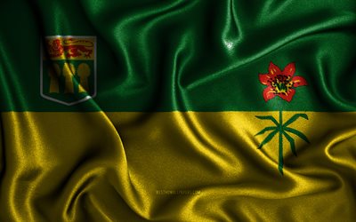 Drapeau de la Saskatchewan, 4k, drapeaux ondulés en soie, provinces canadiennes, Jour de la Saskatchewan, drapeaux en tissu, art 3D, Saskatchewan, Provinces du Canada, Drapeau 3D de la Saskatchewan, Canada