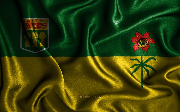 Drapeau de la Saskatchewan, 4k, drapeaux ondul&#233;s en soie, provinces canadiennes, Jour de la Saskatchewan, drapeaux en tissu, art 3D, Saskatchewan, Provinces du Canada, Drapeau 3D de la Saskatchewan, Canada