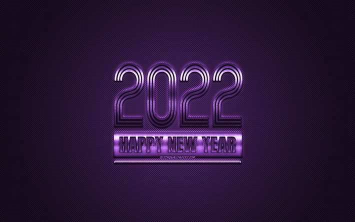 Nouvel An 2022, fond violet 2022, concepts 2022, Happy New Year 2022, texture carbone violet, fond violet