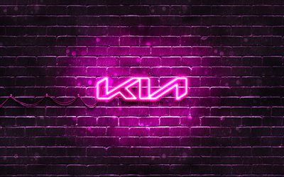 KIA purple logo, purple brickwall, 4k, KIA new logo, cars brands, KIA neon logo, KIA 2021 logo, KIA logo, KIA