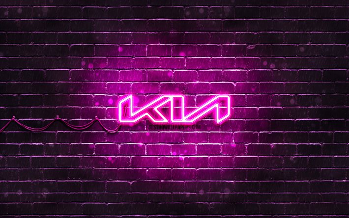 KIA violetti logo, violetti tiilisein&#228;, 4k, KIA uusi logo, automerkit, KIA neon logo, KIA 2021 logo, KIA logo, KIA