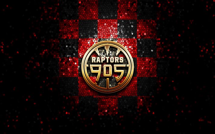 Raptors 905, logotipo brilhante, NBA G League, fundo xadrez preto vermelho, basquete, time americano de basquete, logotipo Raptors 905, arte em mosaico