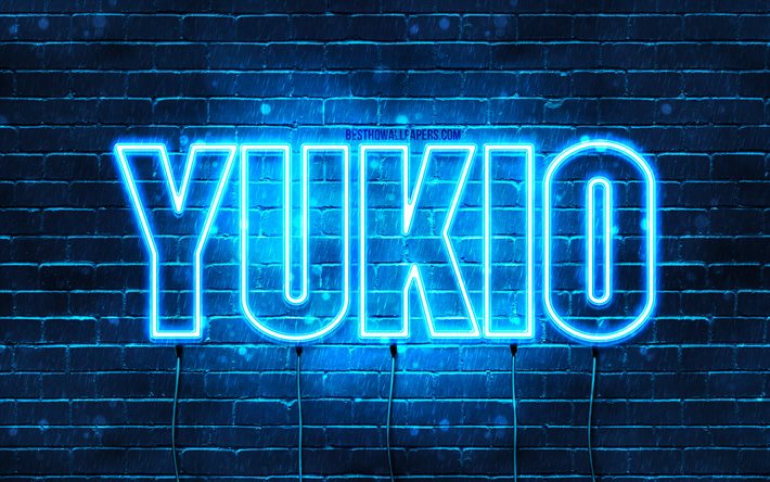 Happy Birthday Yukio, 4k, blue neon lights, Yukio name, creative, Yukio Happy Birthday, Yukio Birthday, popular japanese male names, picture with Yukio name, Yukio