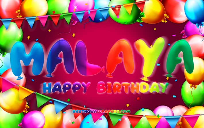 Hyv&#228;&#228; syntym&#228;p&#228;iv&#228;&#228; Malaya, 4k, v&#228;rik&#228;s ilmapallokehys, Malaya nimi, violetti tausta, Malaya Happy Birthday, Malaya Birthday, suositut amerikkalaiset naisten nimet, syntym&#228;p&#228;iv&#228;konsepti, Malaya