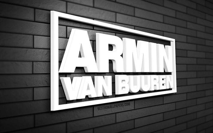 Logo Armin van Buuren 3D, 4K, muro di mattoni grigio, creativo, marchi, logo Armin van Buuren, DJ olandesi, arte 3D, Armin van Buuren