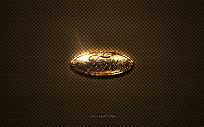Ford golden logo, artwork, brown metal background, Ford emblem, creative, Ford logo, brands, Ford