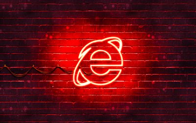 Internet Explorer kırmızı logosu, 4k, kırmızı brickwall, Internet Explorer logosu, markalar, Internet Explorer neon logosu, Internet Explorer