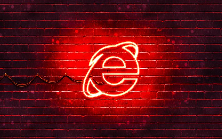 Logo rouge Internet Explorer, 4k, mur de briques rouge, logo Internet Explorer, marques, logo n&#233;on Internet Explorer, Internet Explorer