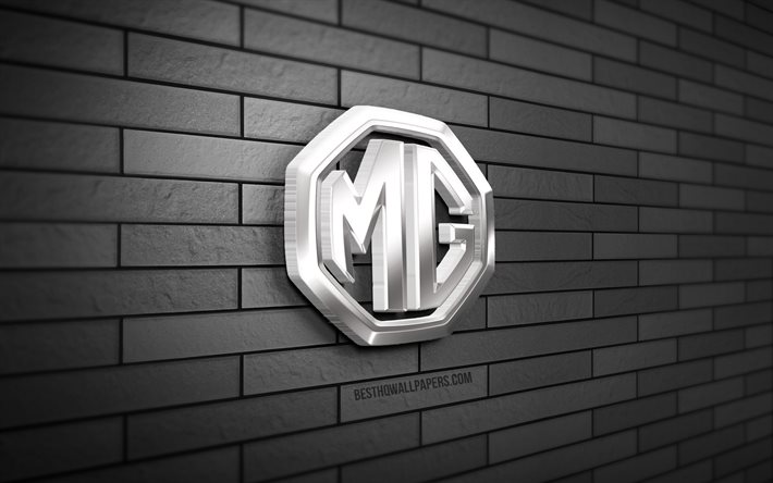 Logotipo MG 3D, 4K, parede de tijolos cinza, criativo, marcas de carros, logotipo MG, arte 3D, MG