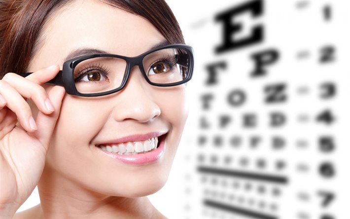 oftalmologia, medicina, controllo della vista, concetti di oftalmologia, donna con gli occhiali, selezione di occhiali