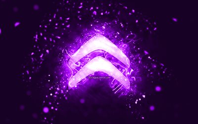 Citroen violet logo, 4k, violet neon lights, creative, violet abstract background, Citroen logo, cars brands, Citroen