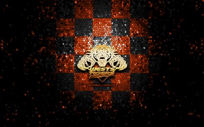 Wests Tigers, glitter logo, NRL, orange black checkered background, rugby, australian rugby club, Wests Tigers logo, mosaic art, National Rugby League