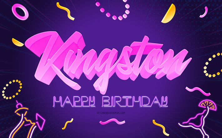 Happy Birthday Kingston, 4k, Purple Party Background, Kingston, creative art, Happy Kingston birthday, Kingston name, Kingston Birthday, Birthday Party Background