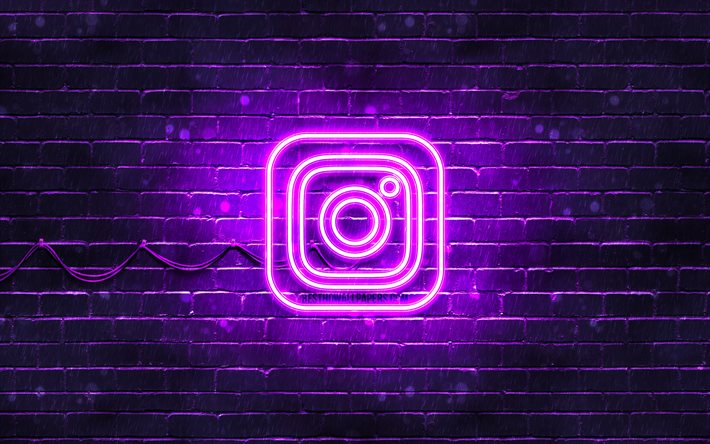Instagramバイオレットロゴ, 紫のレンガの壁, 4k, Instagramの新しいロゴ, ソーシャルネットワーク, Instagramのネオンロゴ, Instagramのロゴ, Instagram