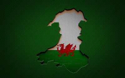 Mapa do Pa&#237;s de Gales, 4K, Pa&#237;ses europeus, Bandeira do Pa&#237;s de Gales, fundo de carbono verde, Silhueta do mapa do Pa&#237;s de Gales, Europa, Pa&#237;s de Gales, bandeira do Pa&#237;s de Gales