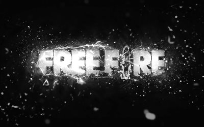 شعار Garena Free Fire الأبيض, 4 ك, أضواء النيون البيضاء, إبْداعِيّ ; مُبْتَدِع ; مُبْتَكِر ; مُبْدِع, خلفية مجردة سوداء, شعار Garena Free Fire, ألعاب على الانترنت, شعار فري فاير, جارينا فري فاير