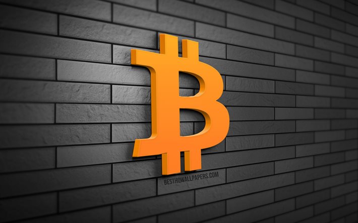 Logotipo Bitcoin 3D, 4K, parede de tijolos cinza, criativo, criptomoeda, logotipo Bitcoin, arte 3D, Bitcoin