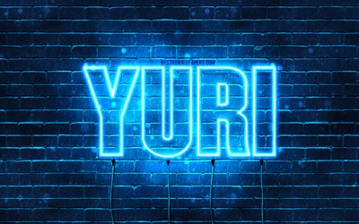 Happy Birthday Yuri, 4k, blue neon lights, Yuri name, creative, Yuri Happy Birthday, Yuri Birthday, popular japanese male names, picture with Yuri name, Yuri