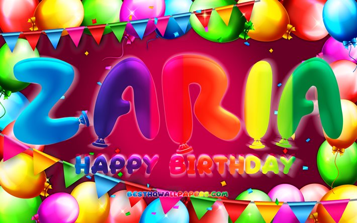 お誕生日おめでとうザリア, 4k, カラフルなバルーンフレーム, ザリア名, 紫の背景, ザリアお誕生日おめでとう, ザリアの誕生日, 人気のアメリカ人女性の名前, 誕生日のコンセプト, ザリア