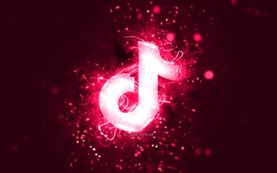 TikTok pink logo, 4k, pink neon lights, creative, pink abstract background, TikTok logo, social network, TikTok